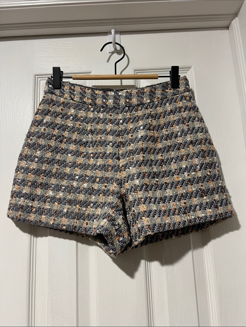 L'AGENCE Gray and Cream Tweed High-Waist Shorts with Tan Accent